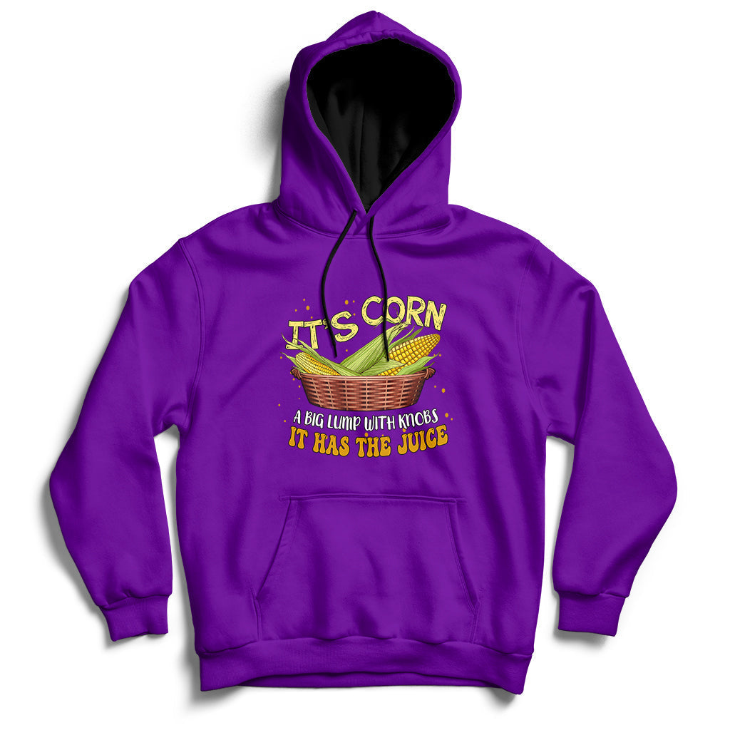 Purple corn-themed pullover hoodie with front corn graphic and kangaroo pocket