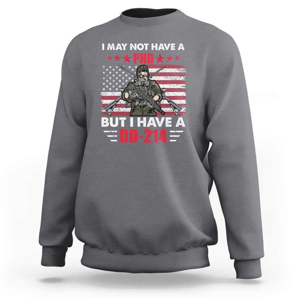 Light gray crewneck sweatshirt with veterans eagle graphic and DD-214 text, long sleeves
