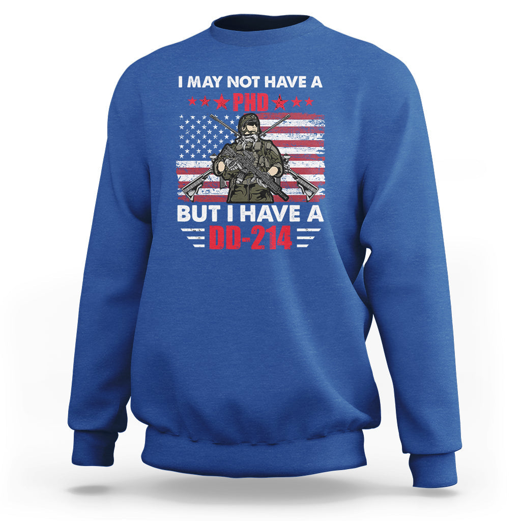 Royal blue crewneck sweatshirt with veterans eagle graphic and DD-214 text, long sleeves