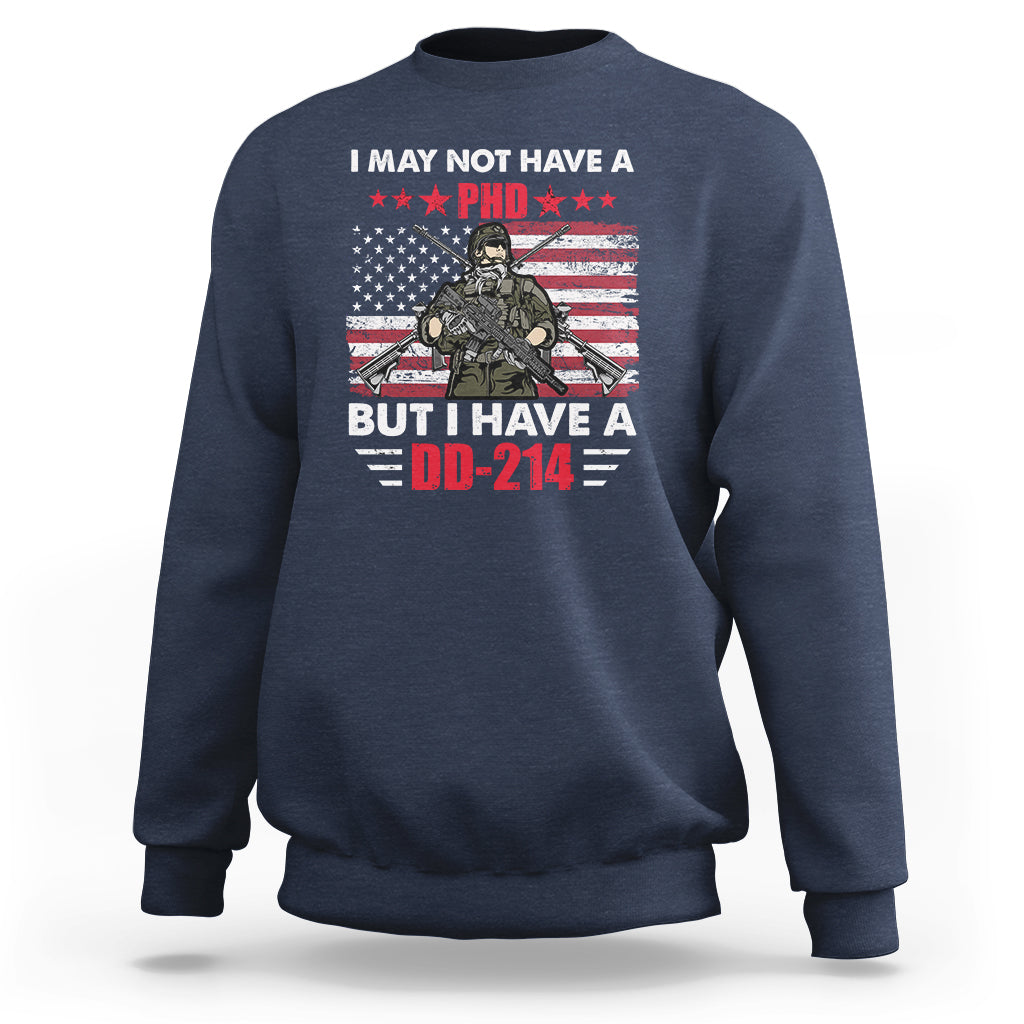 Navy crewneck sweatshirt with veterans eagle graphic and DD-214 text, long sleeves