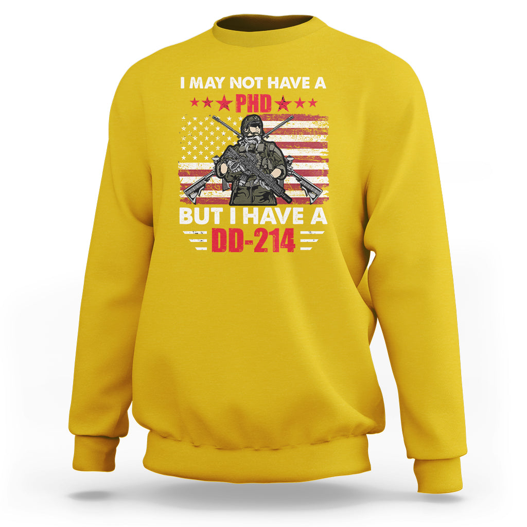 Daisy yellow crewneck sweatshirt with veterans eagle graphic and DD-214 text, long sleeves