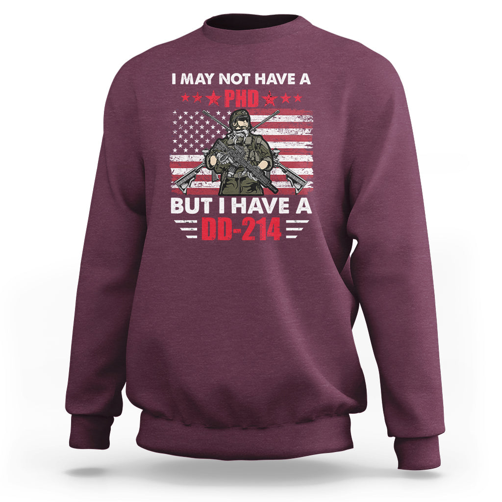 Maroon crewneck sweatshirt with veterans eagle graphic and DD-214 text, long sleeves