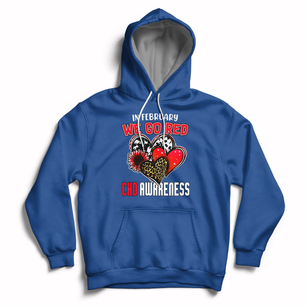 Royal blue pullover hoodie with red chest graphic, hood, and front kangaroo pocket.