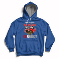 Royal blue pullover hoodie with red chest graphic, hood, and front kangaroo pocket.