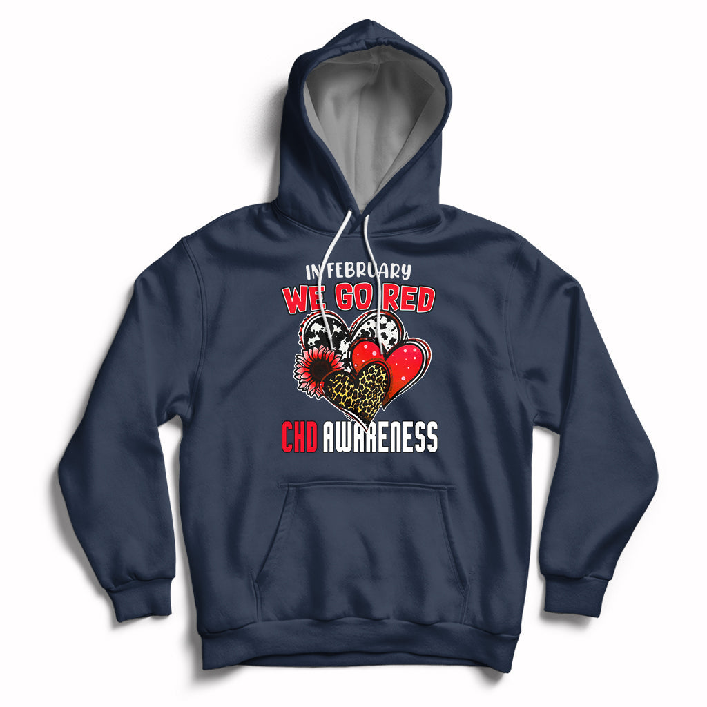 Navy pullover hoodie with red chest graphic, hood, and front kangaroo pocket.