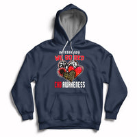 Navy pullover hoodie with red chest graphic, hood, and front kangaroo pocket.