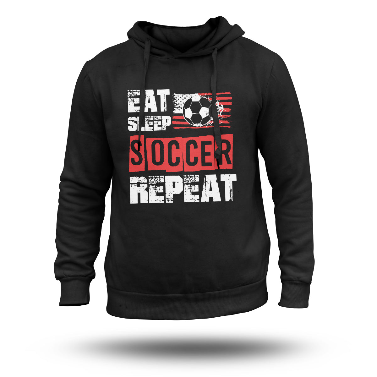 Black pullover soccer hoodie with graphic text and hood