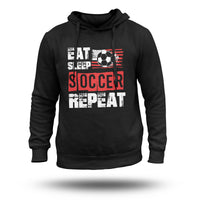 Black pullover soccer hoodie with graphic text and hood