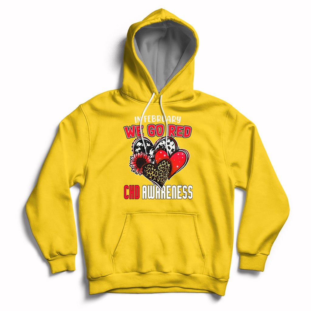 Yellow pullover hoodie with red chest graphic, hood, and front kangaroo pocket.