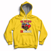 Yellow pullover hoodie with red chest graphic, hood, and front kangaroo pocket.