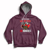 Maroon pullover hoodie with red chest graphic, hood, and front kangaroo pocket.