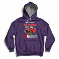 Purple pullover hoodie with red chest graphic, hood, and front kangaroo pocket.