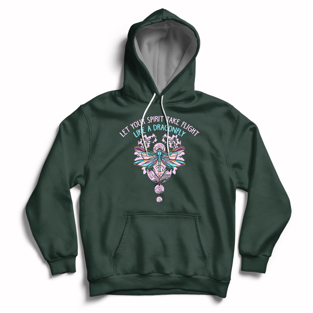 Forest green inspirational hoodie with dragonfly graphic, front pocket, and drawstring hood.