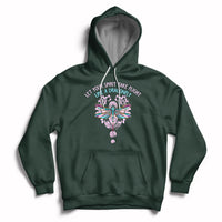 Forest green inspirational hoodie with dragonfly graphic, front pocket, and drawstring hood.