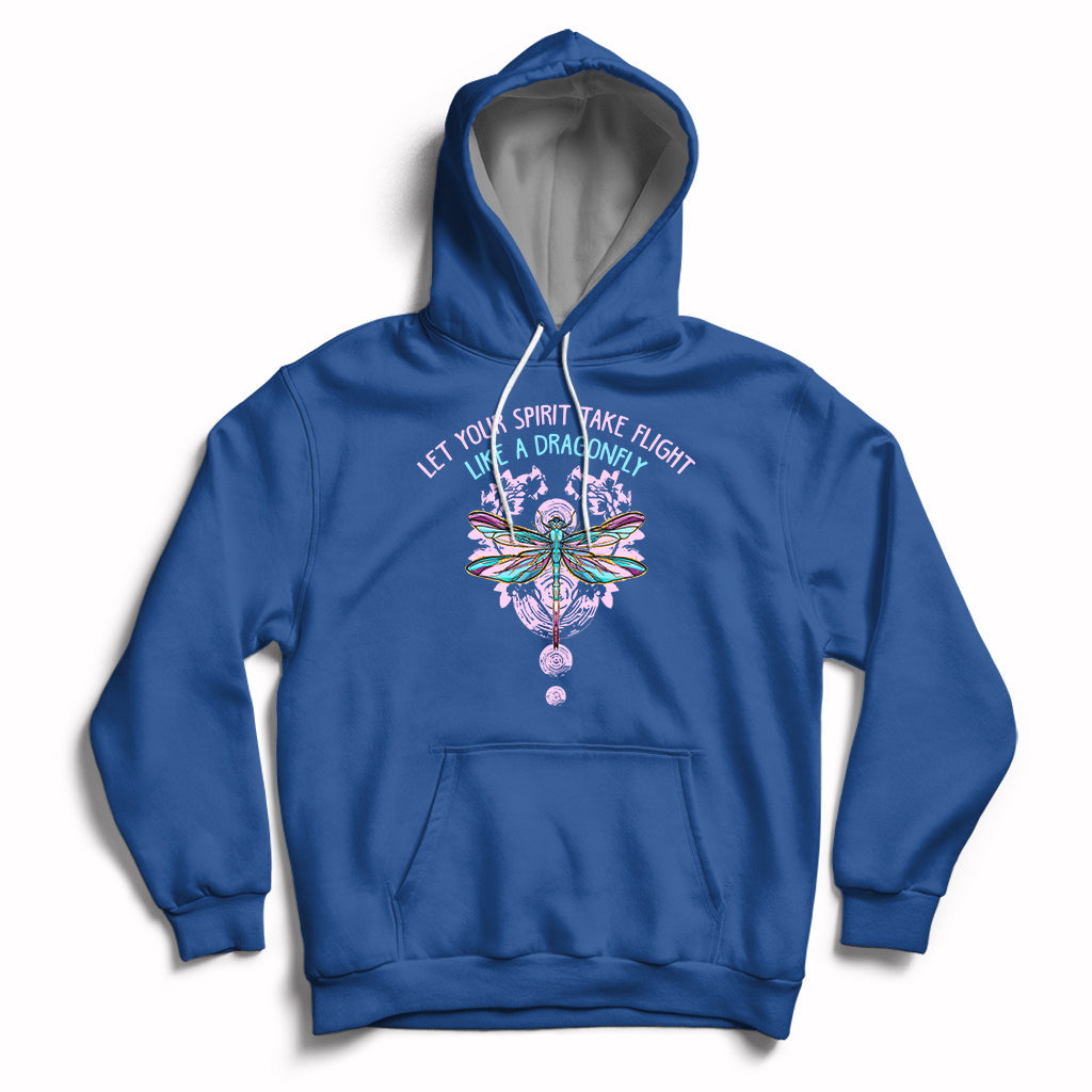 Royal blue inspirational hoodie with dragonfly graphic, front pocket, and drawstring hood.