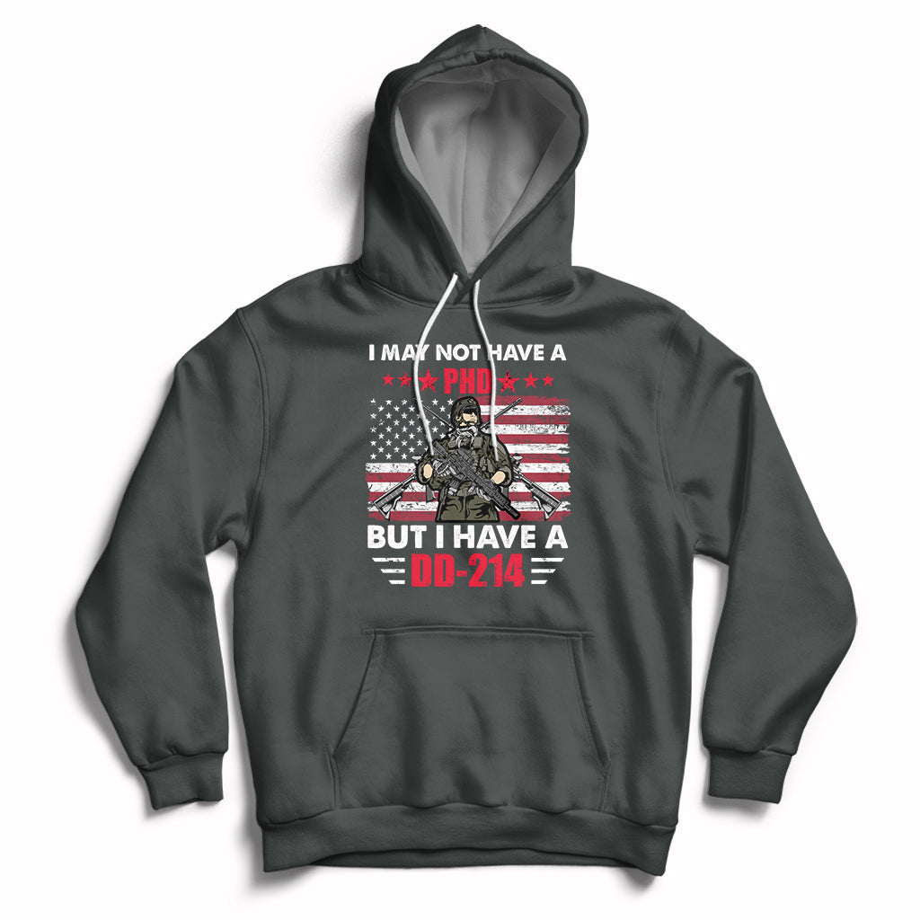 Charcoal gray pullover hoodie with eagle DD-214 graphic, drawstring hood, kangaroo pocket.