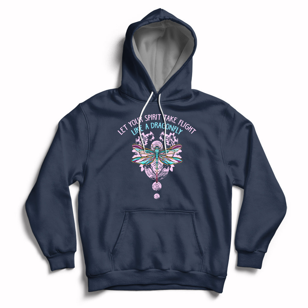 Navy inspirational hoodie with dragonfly graphic, front pocket, and drawstring hood.