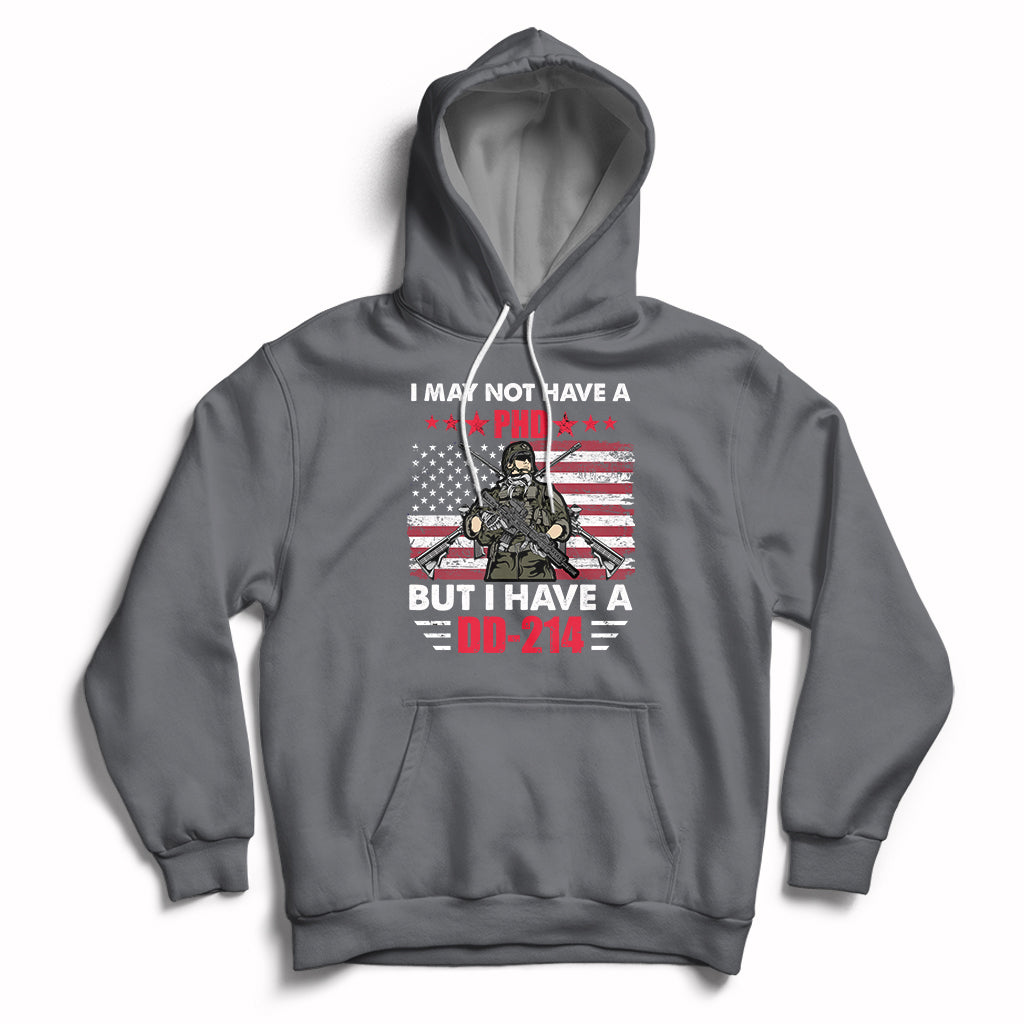 Dark gray pullover hoodie with eagle DD-214 graphic, drawstring hood, kangaroo pocket.