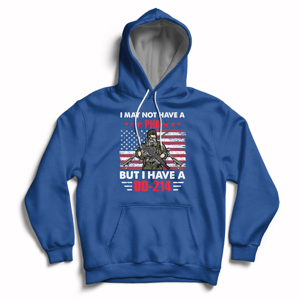 Royal blue pullover hoodie with eagle DD-214 graphic, drawstring hood, kangaroo pocket.