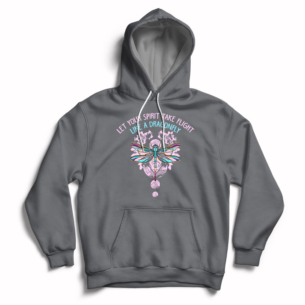 Charcoal inspirational hoodie with dragonfly graphic, front pocket, and drawstring hood.