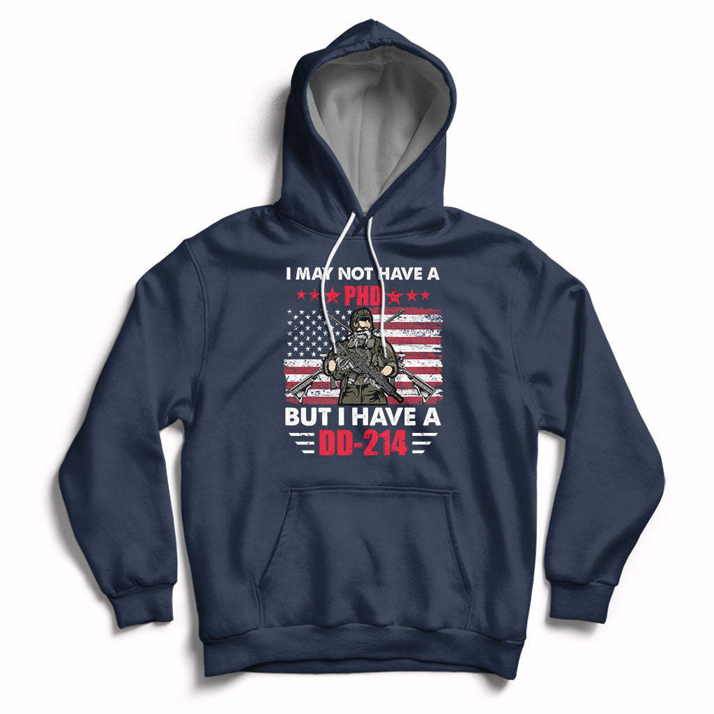 Navy pullover hoodie with eagle DD-214 graphic, drawstring hood, kangaroo pocket.