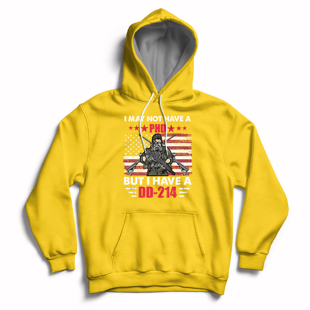 Daisy yellow pullover hoodie with eagle DD-214 graphic, drawstring hood, kangaroo pocket.