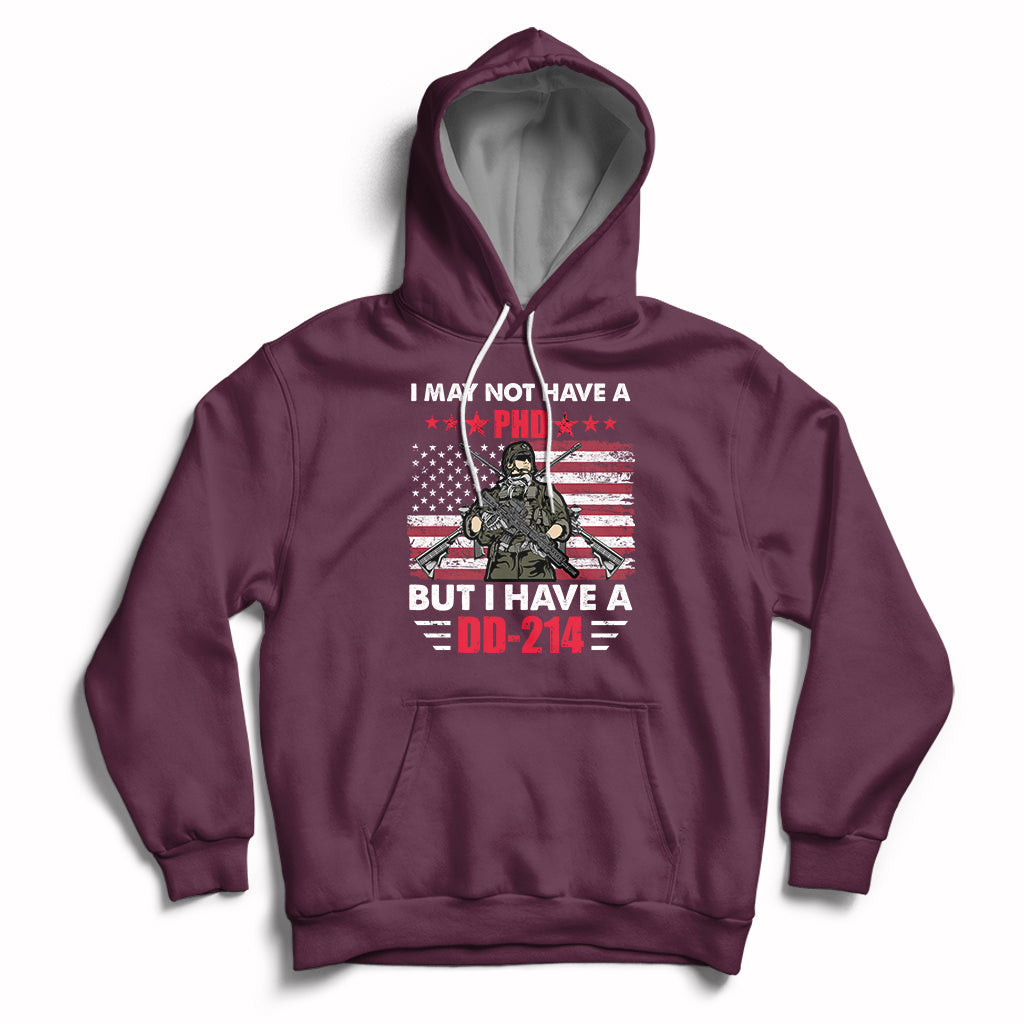 Maroon pullover hoodie with eagle DD-214 graphic, drawstring hood, kangaroo pocket.