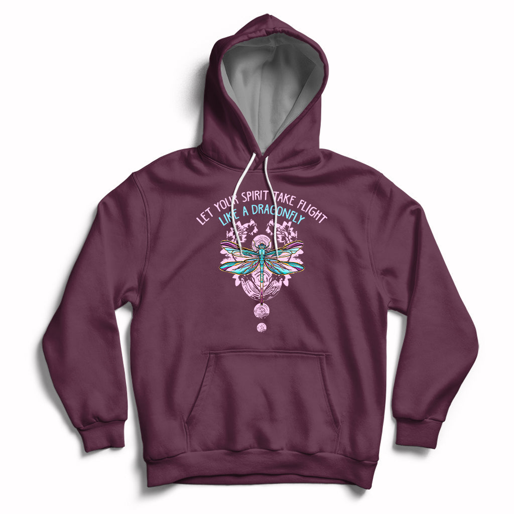 Maroon inspirational hoodie with dragonfly graphic, front pocket, and drawstring hood.