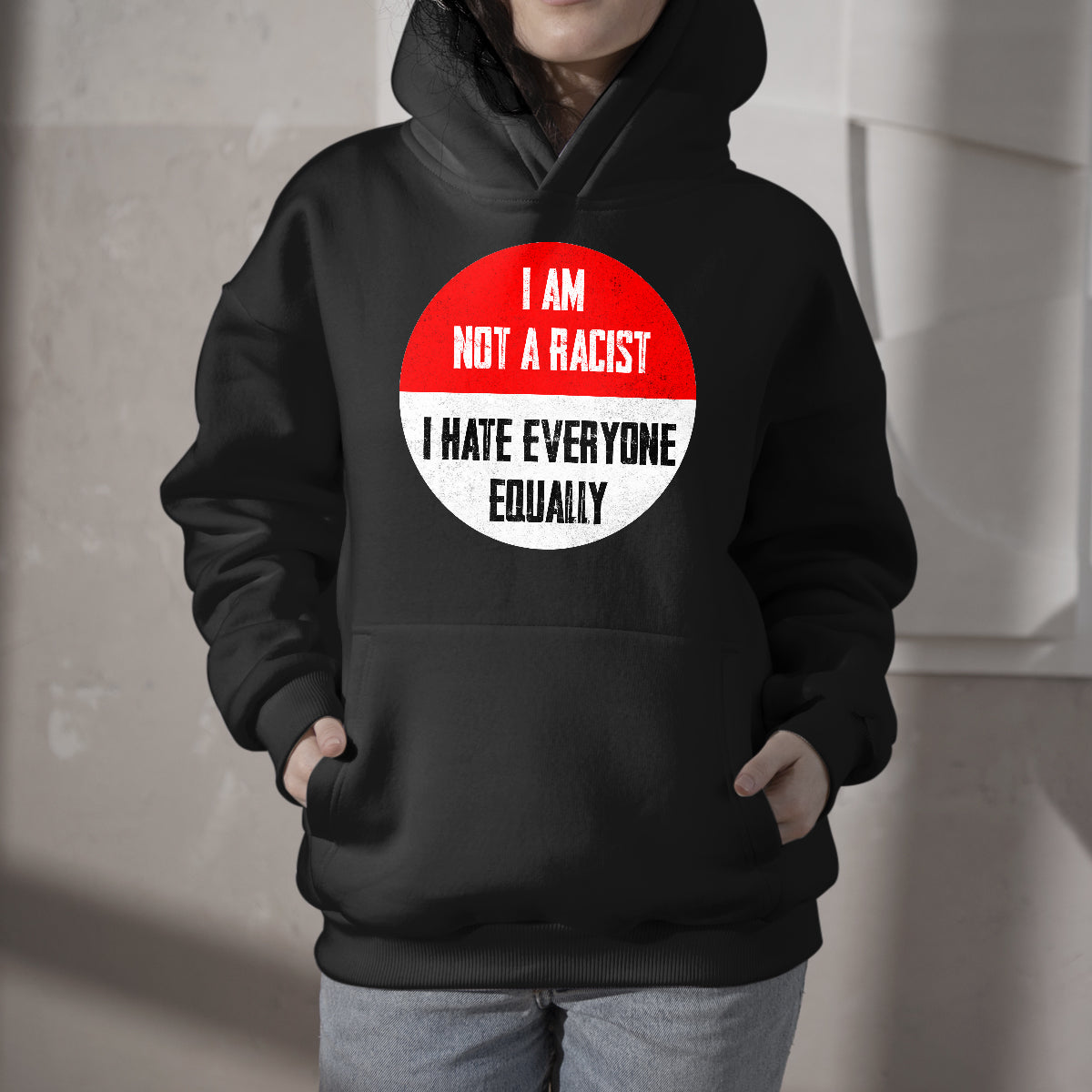 Black pullover hoodie with red circle quote print and front kangaroo pocket