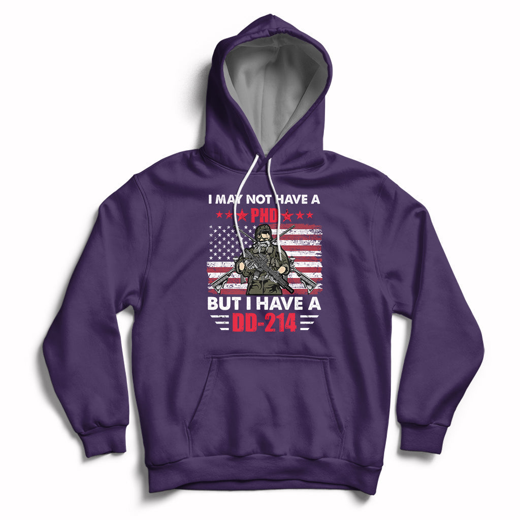 Purple pullover hoodie with eagle DD-214 graphic, drawstring hood, kangaroo pocket.