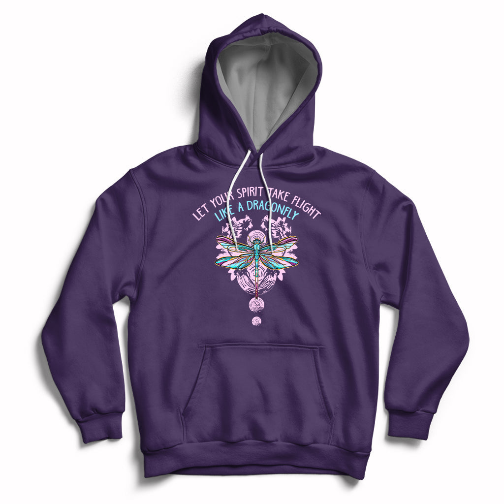 Purple inspirational hoodie with dragonfly graphic, front pocket, and drawstring hood.