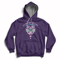 Purple inspirational hoodie with dragonfly graphic, front pocket, and drawstring hood.