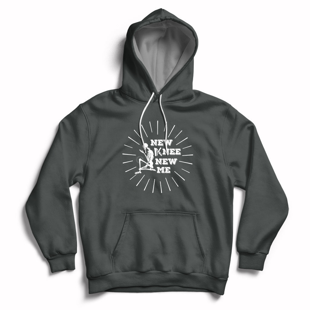 Dark heather knee skeleton recovery hoodie with front pocket and 'NEW KNEE NEW ME' chest print