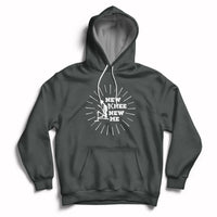 Dark heather knee skeleton recovery hoodie with front pocket and 'NEW KNEE NEW ME' chest print