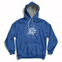 Royal blue knee skeleton recovery hoodie with front pocket and 'NEW KNEE NEW ME' chest print