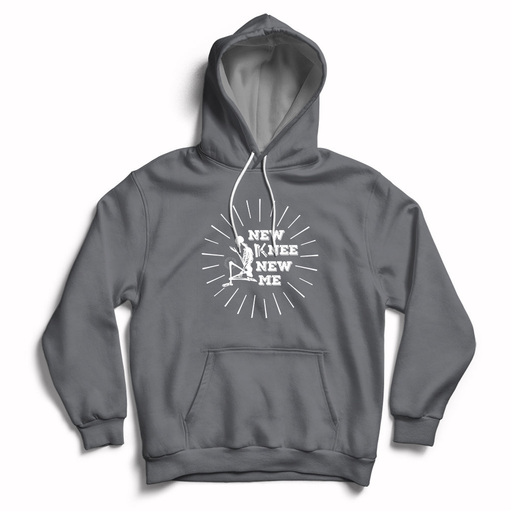 Charcoal knee skeleton recovery hoodie with front pocket and 'NEW KNEE NEW ME' chest print