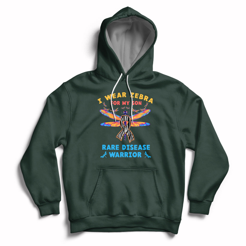 Forest green kids hoodie with zebra ribbon graphic, hood drawstrings, kangaroo pocket.