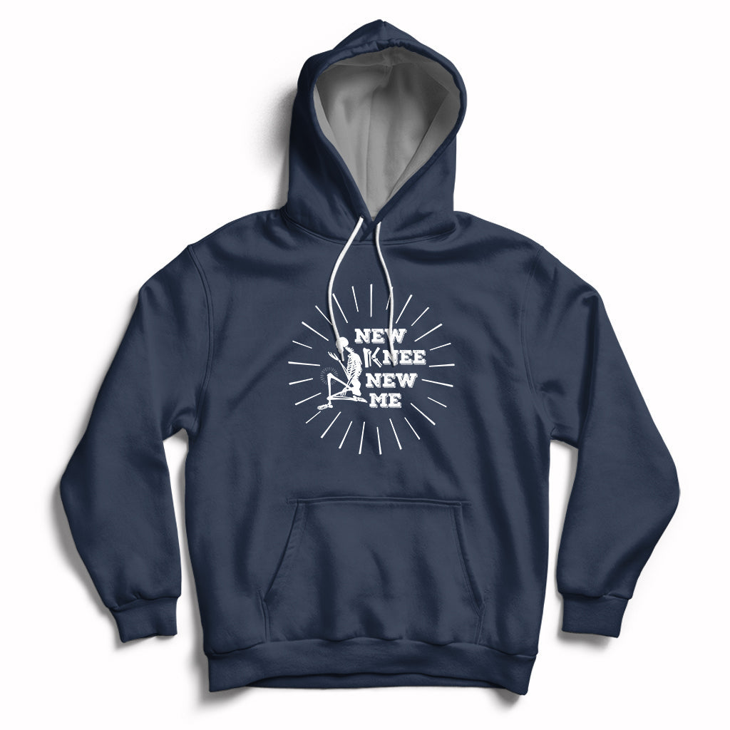 Navy knee skeleton recovery hoodie with front pocket and 'NEW KNEE NEW ME' chest print