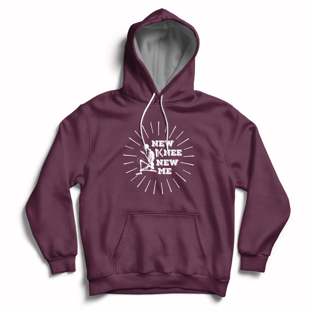 Maroon knee skeleton recovery hoodie with front pocket and 'NEW KNEE NEW ME' chest print