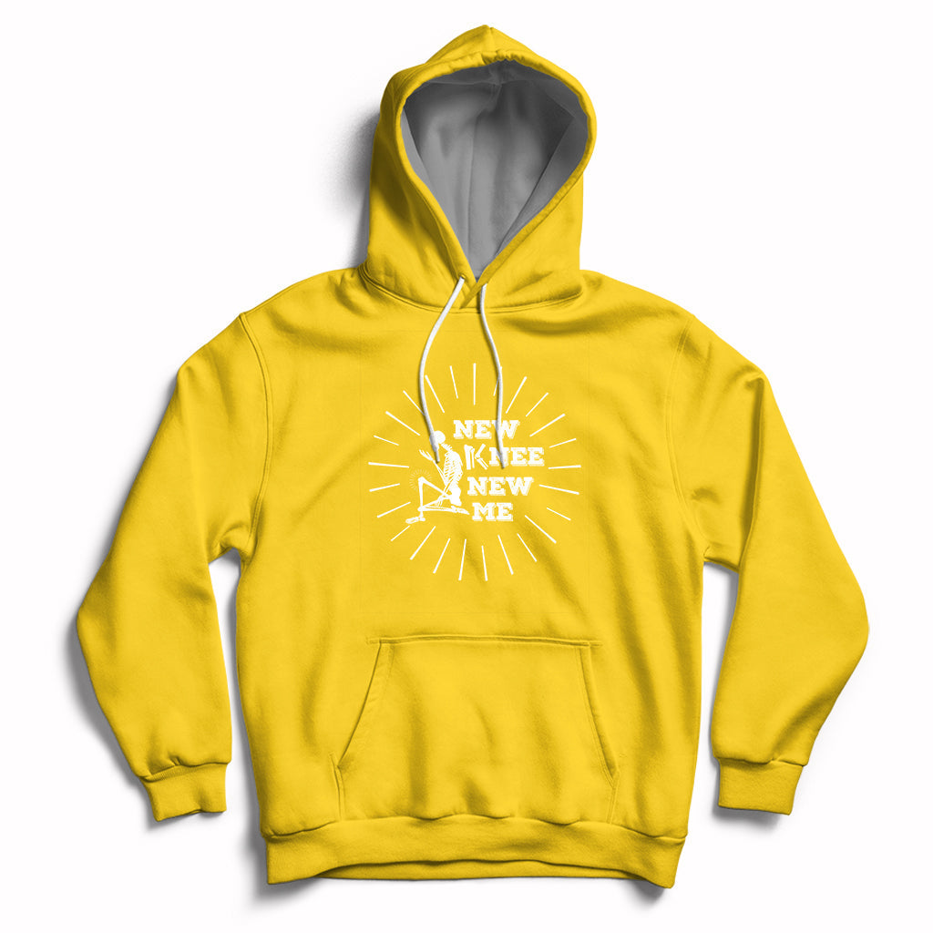 Daisy yellow knee skeleton recovery hoodie with front pocket and 'NEW KNEE NEW ME' chest print