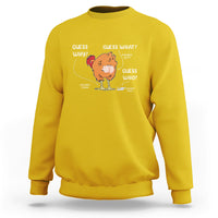 Yellow crewneck sweatshirt with orange chicken “Guess who” cheeky butt graphic