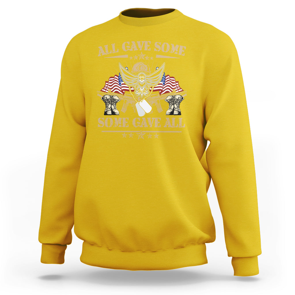 Daisy yellow crewneck sweatshirt with eagle and U.S. flag graphic and patriotic text on back