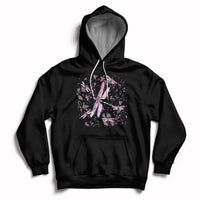 Black pullover hoodie with pink dragonfly graphic and front kangaroo pocket