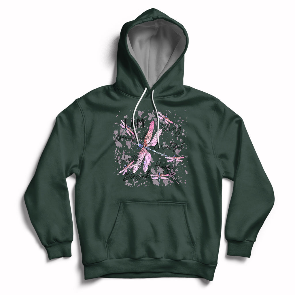 Forest green pullover hoodie with pink dragonfly graphic and front kangaroo pocket