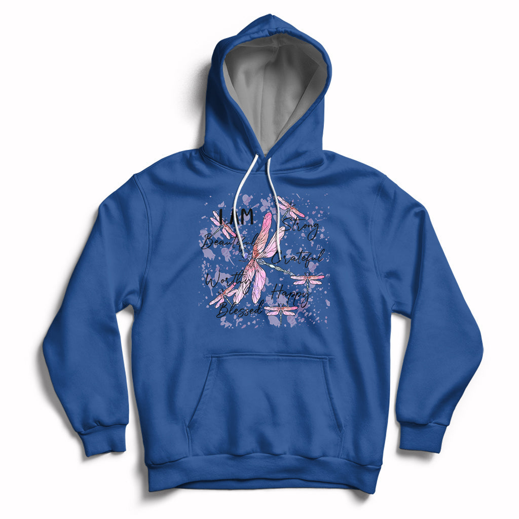 Royal blue pullover hoodie with pink dragonfly graphic and front kangaroo pocket