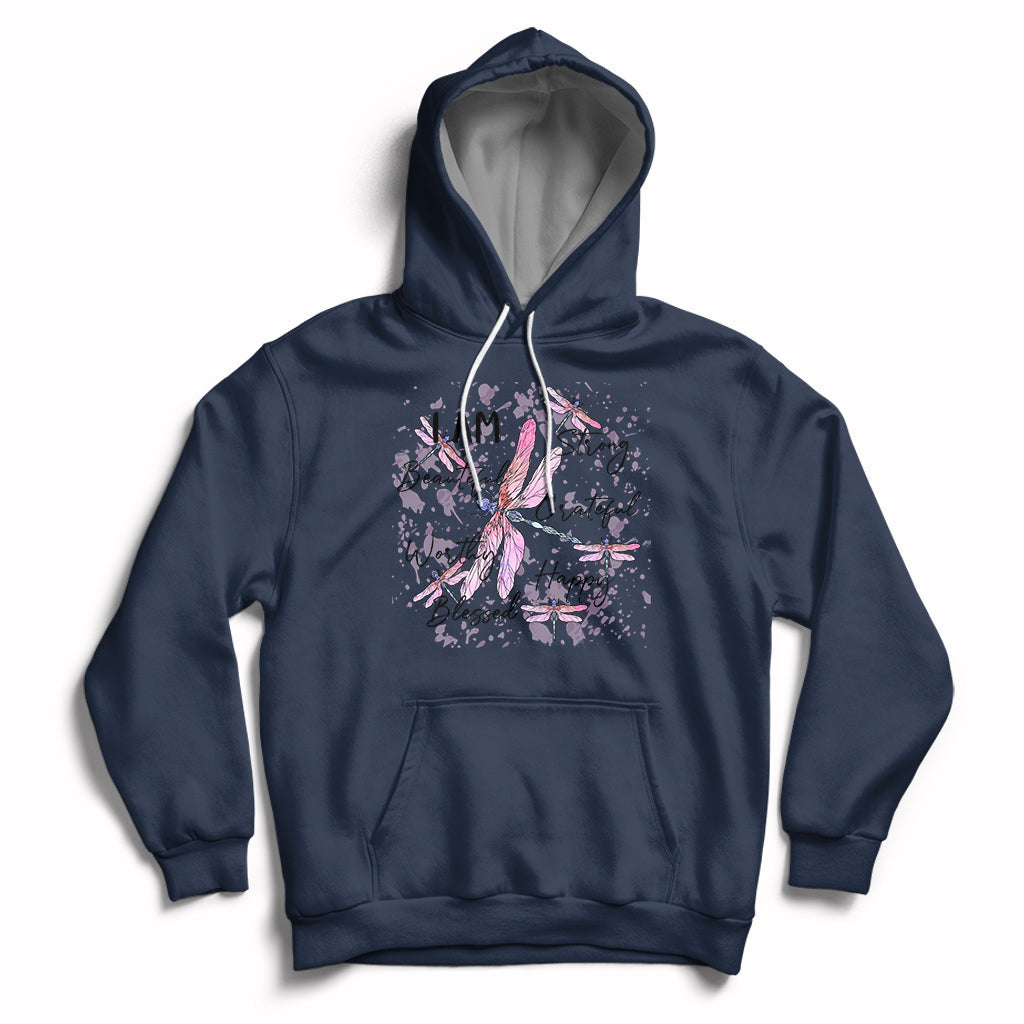 Navy pullover hoodie with pink dragonfly graphic and front kangaroo pocket