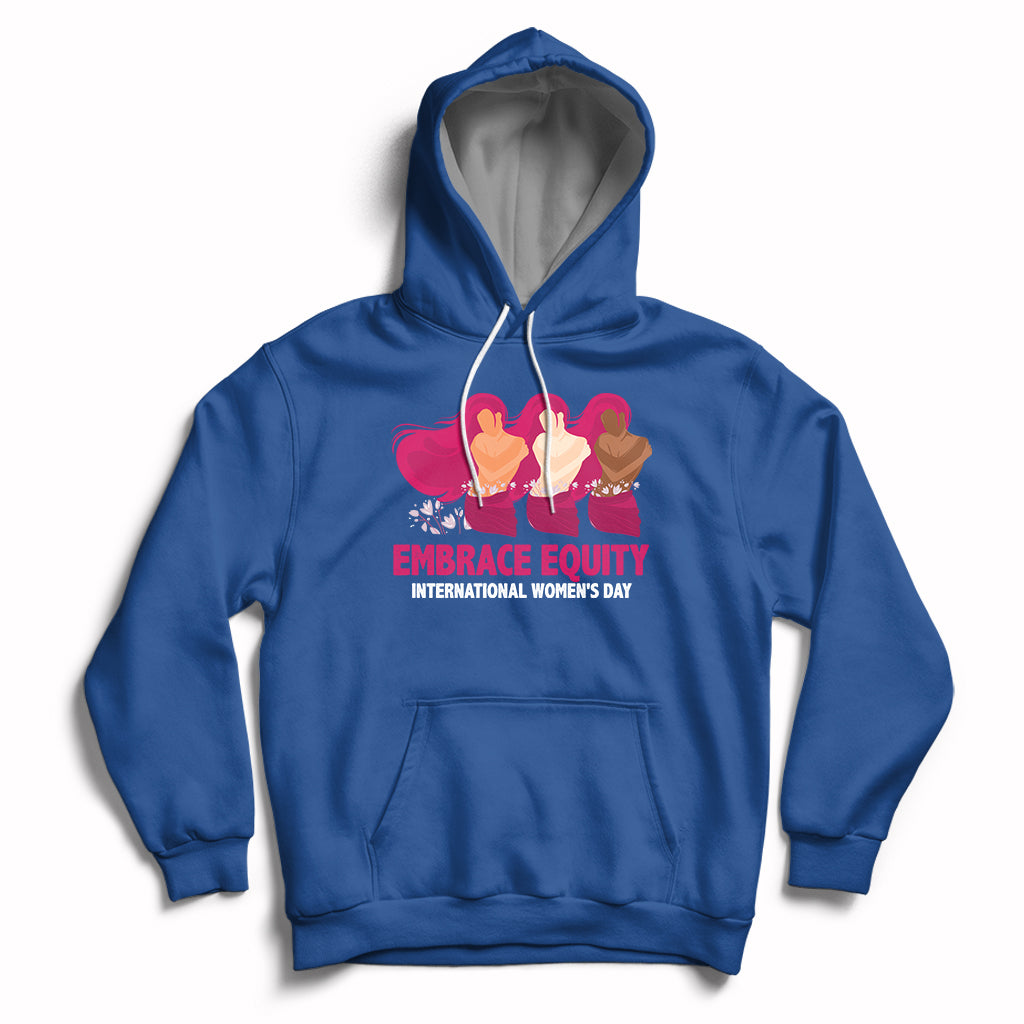 Royal blue women's hoodie with kangaroo pocket, drawstrings, and Embrace Equity print
