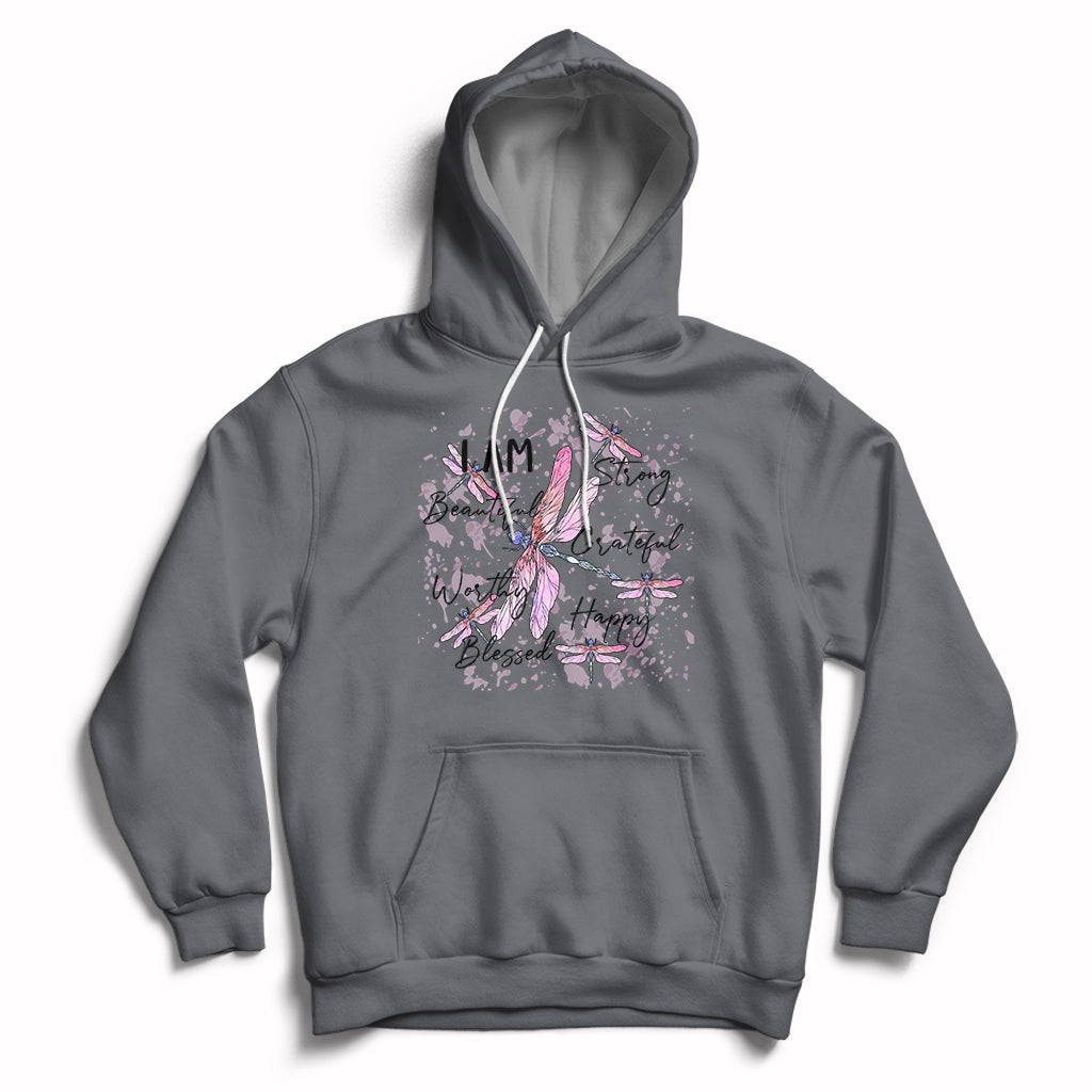 Charcoal pullover hoodie with pink dragonfly graphic and front kangaroo pocket