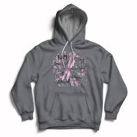 Charcoal pullover hoodie with pink dragonfly graphic and front kangaroo pocket