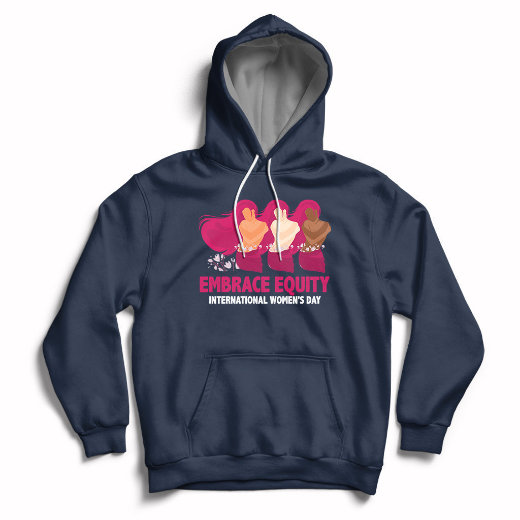 Navy women's hoodie with kangaroo pocket, drawstrings, and Embrace Equity print